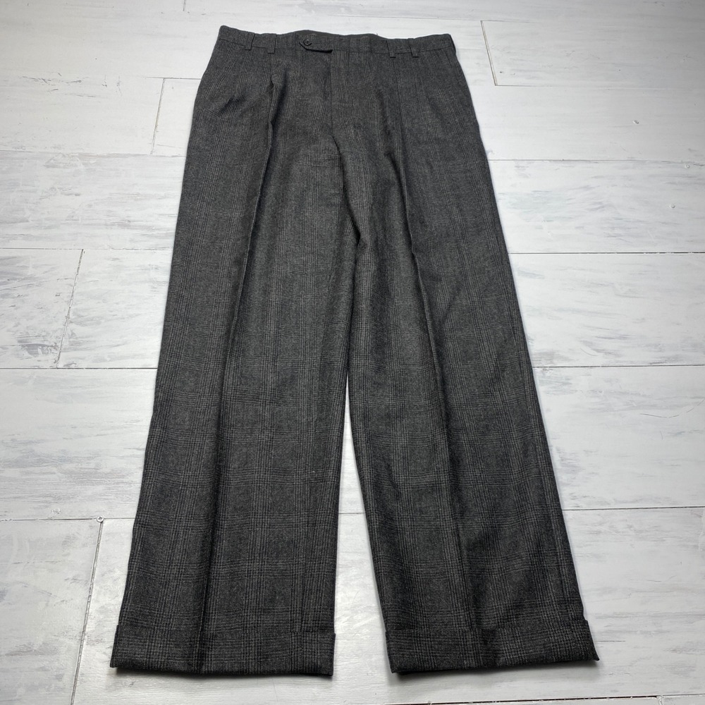 Jos. A. Bank Dress Pants Mens 37x30 Grey Glen Plaid Pure New Wool Pleated Cuffed